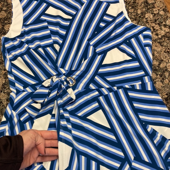 NWOT Ivanka Trump blue white geometric stripe faux wrap sheath, size M - Picture 2 of 15